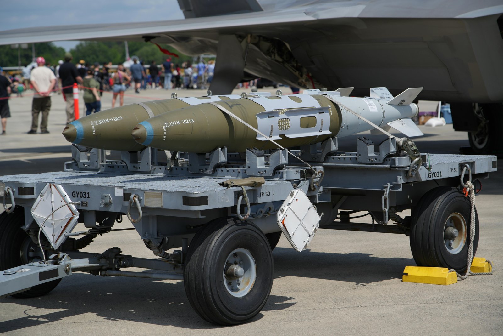 Close-up of military aircraft weapons on display at an airshow in Hampton, Virginia.