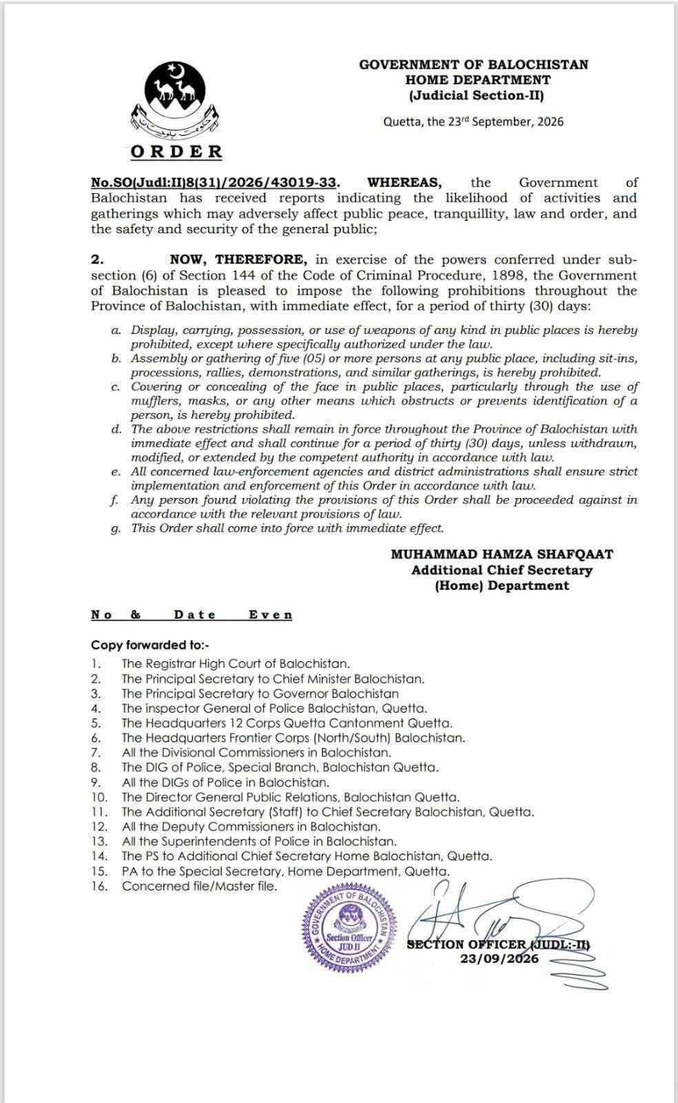 Provincial Government Imposes Section 144 Across Balochistan for 30 Days